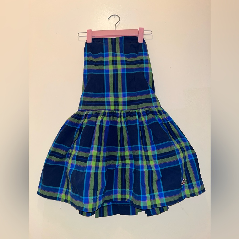 Hollister Blue Green Plaid Mini Strapless Dress